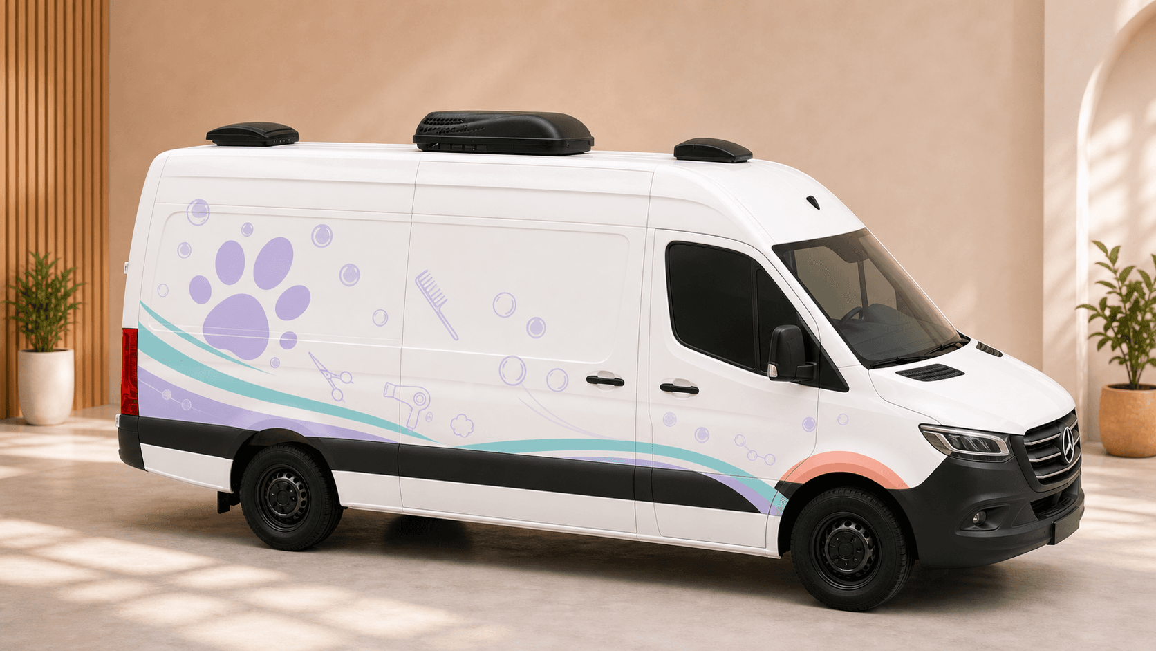 Mobile grooming van full product render with salon interior