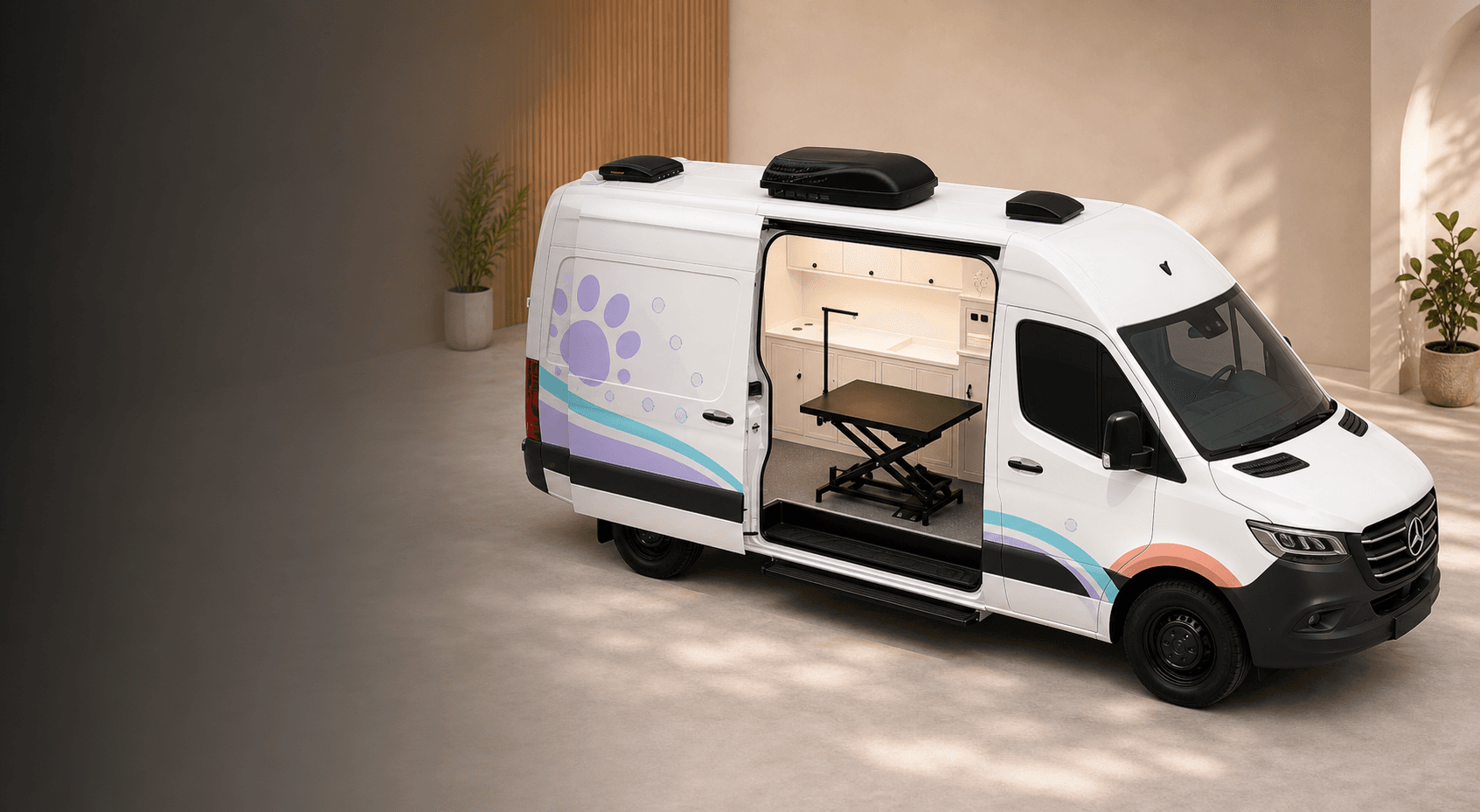 Spring Le Tour mobile grooming van with visible salon interior