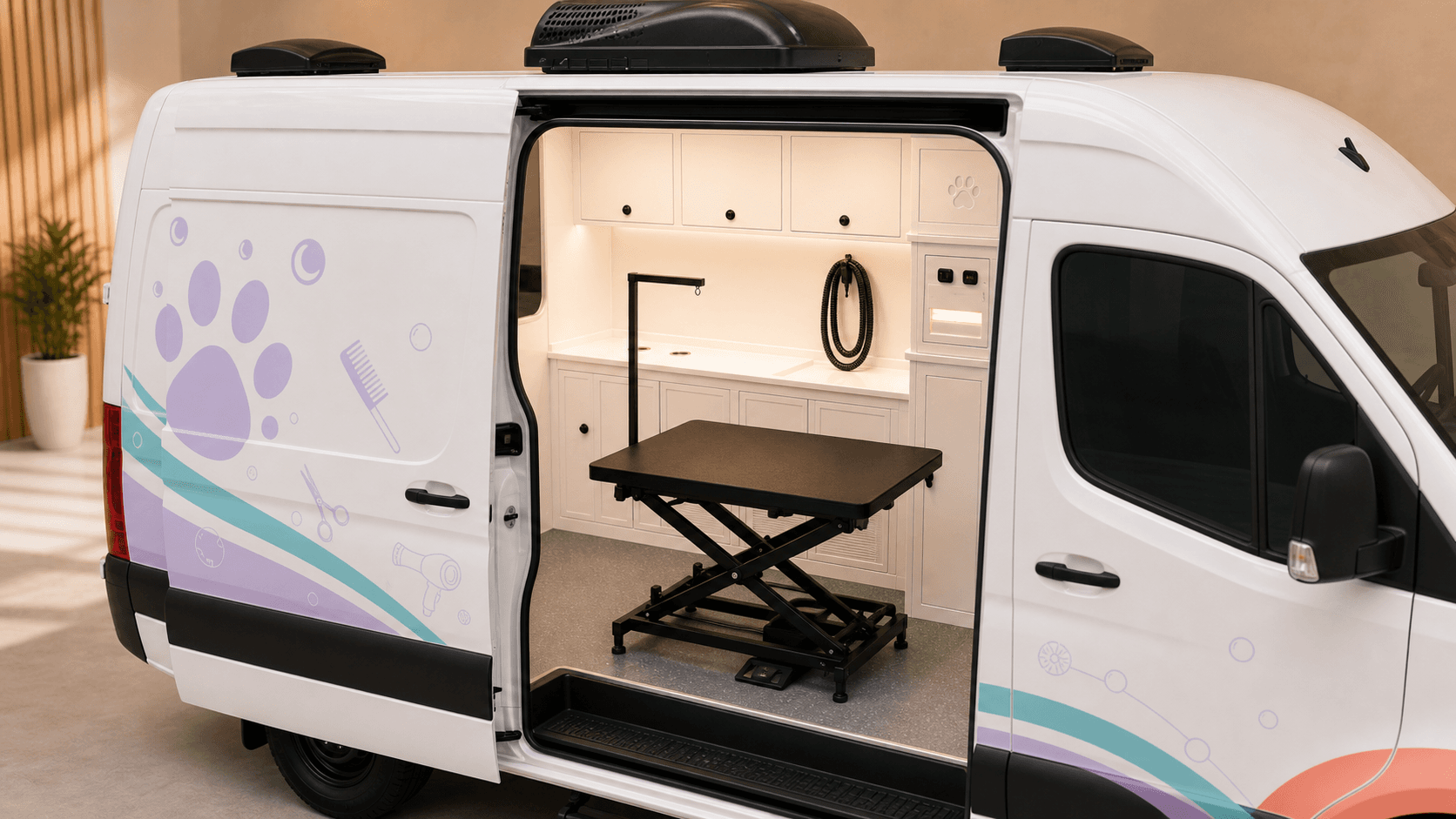 Open-view mobile grooming van with visible salon interior