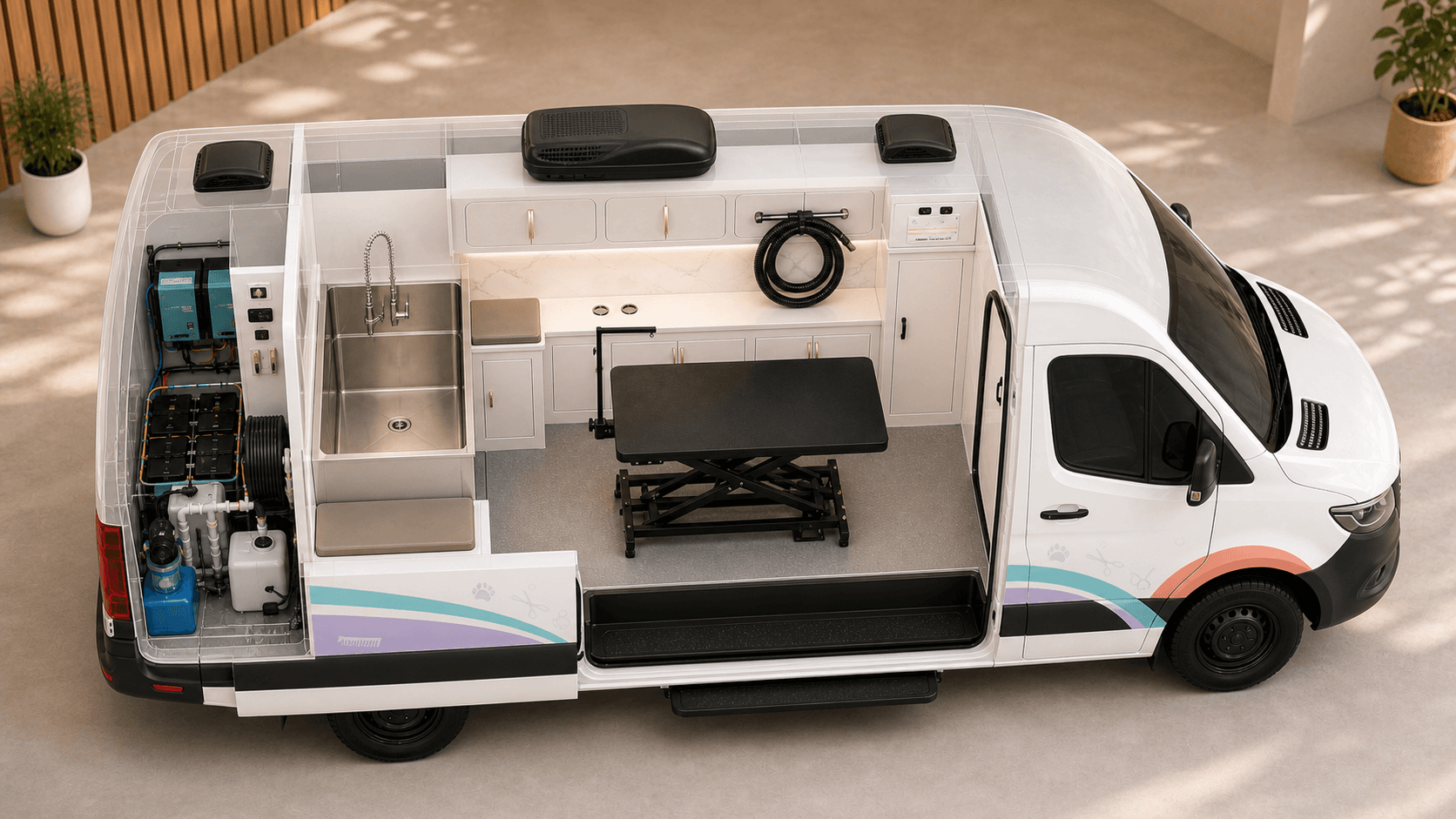 Mobile grooming van support systems render